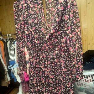 Trixxi Black Long-Sleeve Floral Wrap Dress with Pink Blossoms